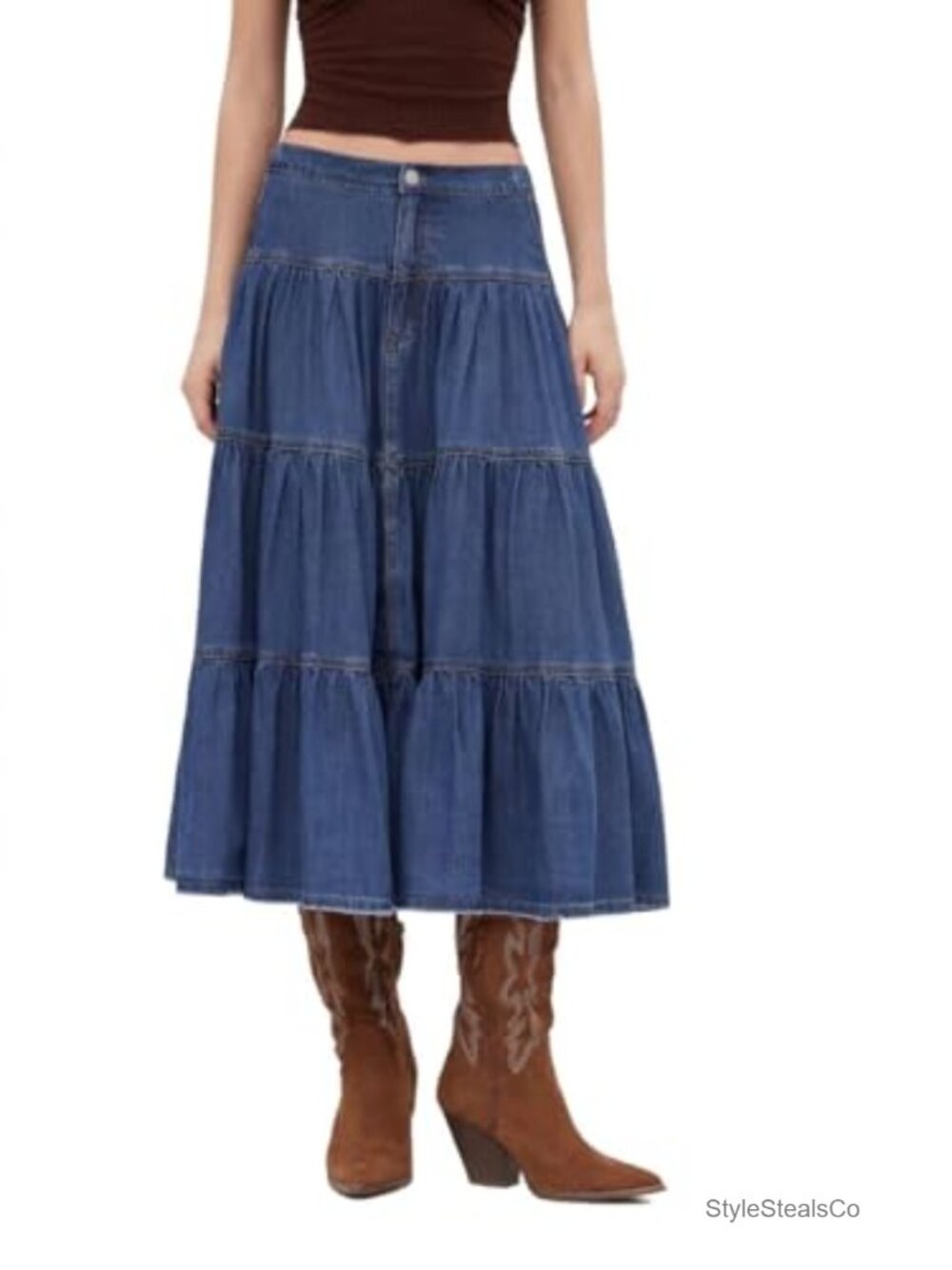 Lyocell Cotton Tiered Denim Midi Skirt High Waist Pull On